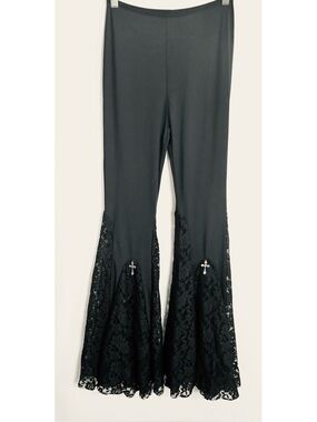 Black Lace Extreme Flared Pants with Goth Inspired Cross Leg Accents- Small